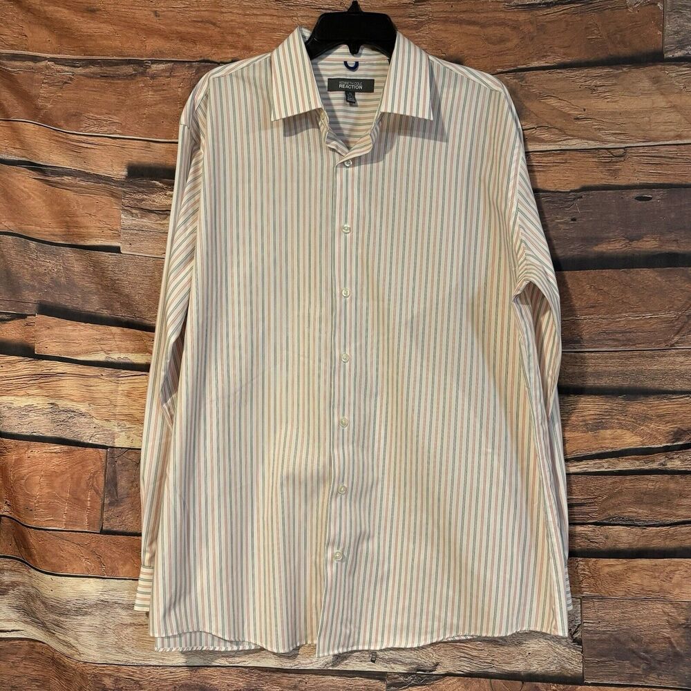 Kenneth Cole Reaction Dress Shirt Mens XL Red White Blue Striped Button Up
